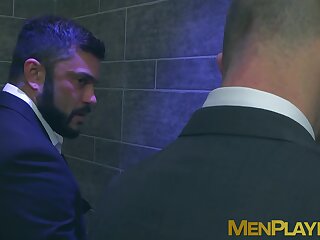 Sexy men in suit gets steamy on rough gay sex in a restroom
