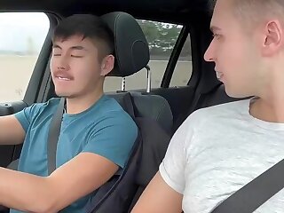 Asian Gay Jerks Off BF as he drives-cums 222