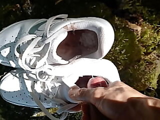 Twink jerks off his cock, squirts cum in dirty smelly shoes, into white sneakers, Nike Air Force One AF1, it's a porn video for gay feet foot fetish lovers